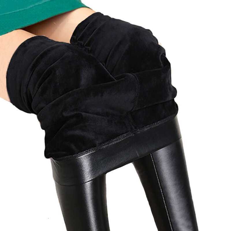 Mallas de cuero negro para mujer, Leggings cálidos de talla grande, informales, elásticos, de terciopelo, de cintura alta, térmicos y gruesos para invierno