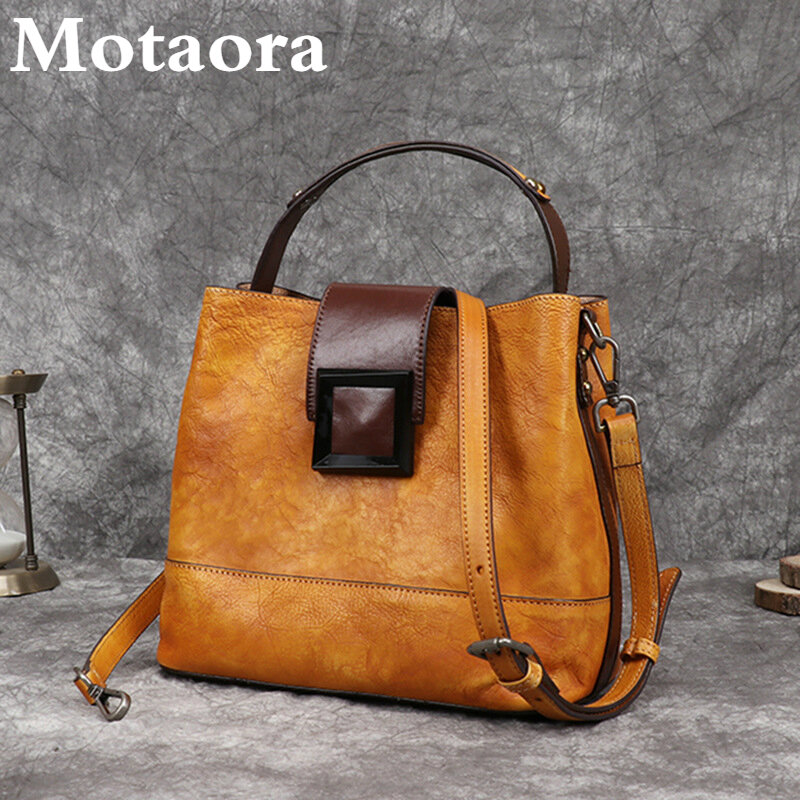 Motaora Women's Bag Retro Genuine Leather Shoulder Bags Handmade Women Bucket Bag First Layer Cowhide Top-handle Bags For Female