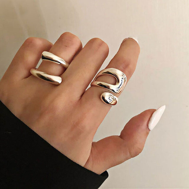 925 anel aberto de prata esterlina para mulheres, INS jóias minimalistas, padrão de onda irregular, cor dourada, aniversário