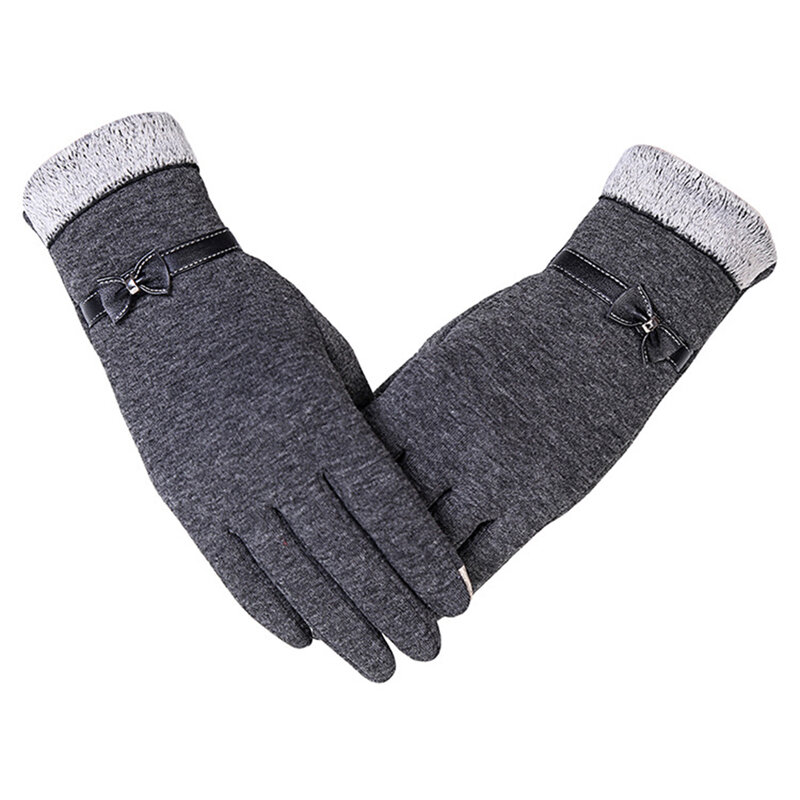 1 Pair Women Cute Bow Full Finger Gloves Touch Screen Winter Warm Mittens Driving Ski Riding Windproof Gloves