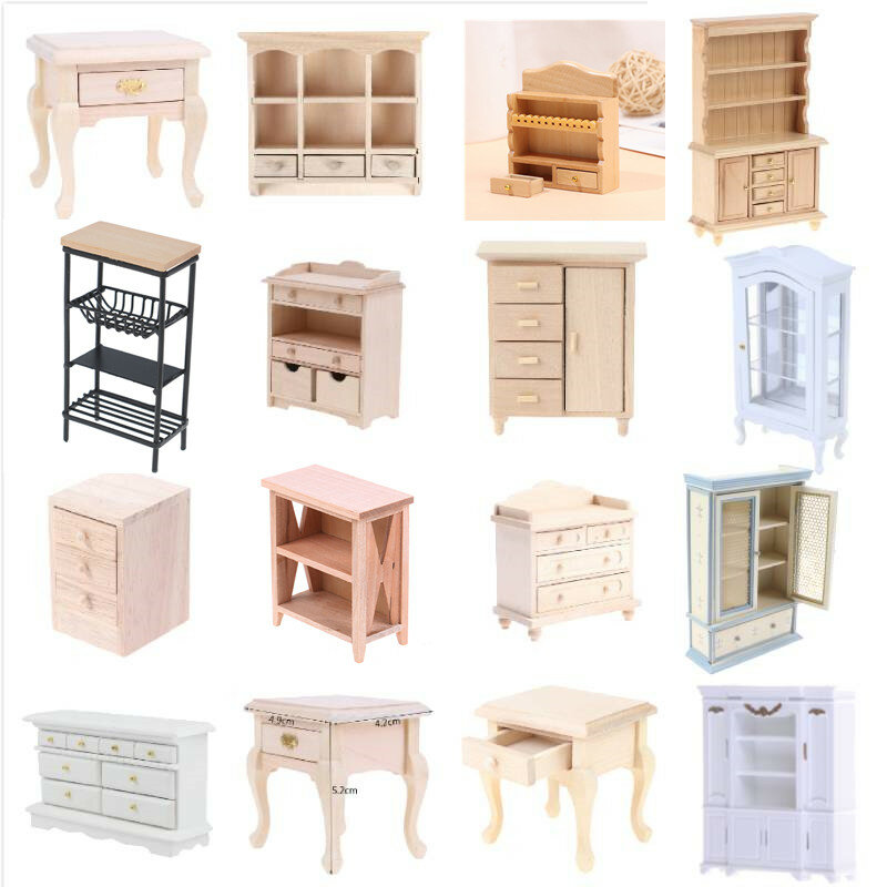 Kid Pretend play toys Mini Cabinet Model 1/12 Wooden Bedroom Dollhouse Kitchen Dining Cabinet Display Shelf Doll House Furniture
