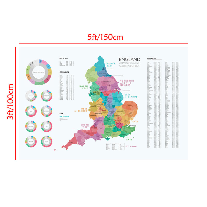 150*100 см карта Англии, административные подразделения, подробные регионы, нетканый холщовый плакат, домашний декор, школьные принадлежности