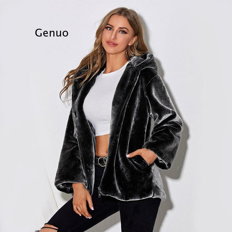 Зимнее плотное теплое Женское пальто из искусственного меха с капюшоном черное мягкое удобное женское элегантное роскошное пальто из искусственного меха с длинным рукавом