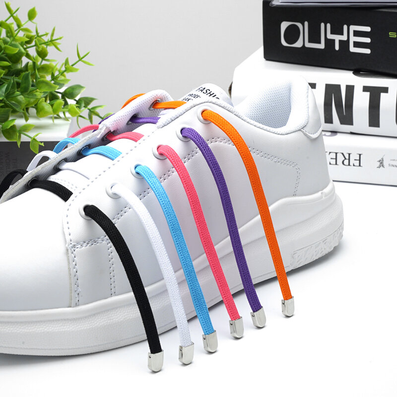 New Elastic No Tie Shoelace แบนสีขาวกดล็อคโลหะ Fast เชือกผูกรองเท้าเด็กและผู้ใหญ่ Unisex Lazy Laces