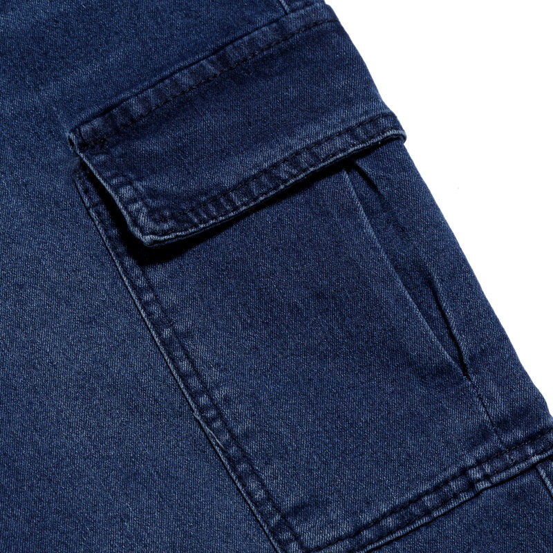 Celana Kasual Pria 2021 Celana Biru Banyak Saku Mode Hip-Hop Ramping Lurus Luar Ruangan Lari Dicuci Jeans Overall Kualitas Tinggi