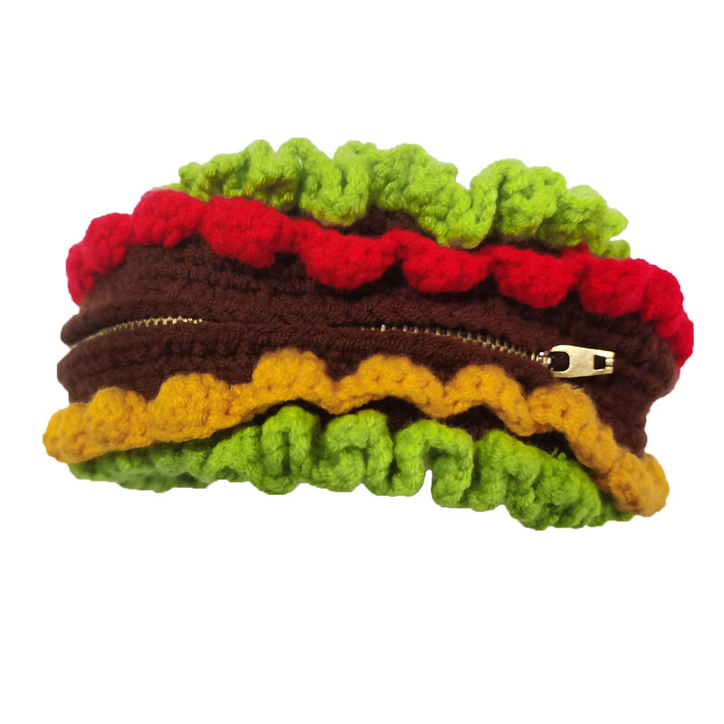 BOMHCS Knitted Art Hamburger Crochet Coin Bag Purse Storage Handmade Zipper Wallet
