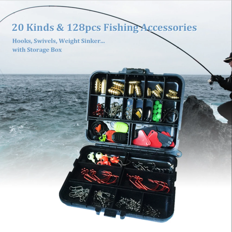 Boîte d'accessoires de pêche, 128 pièces/boîtes, poids de pêche à la percussion d'hameçon, bouchon de plombs, connecteurs à paillettes, matériel de pêche à friser