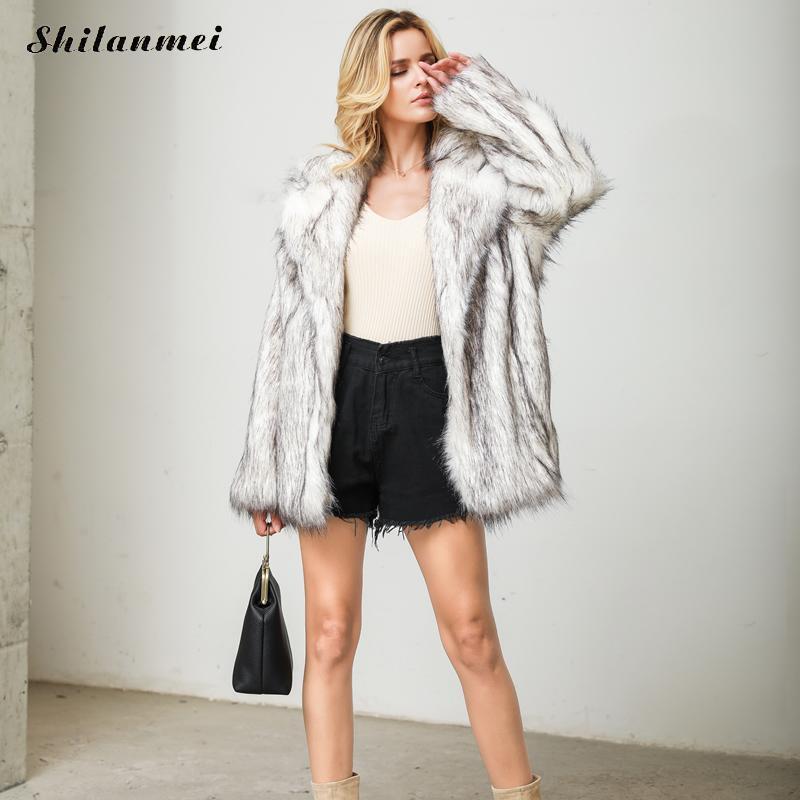 สีขาว Furry Faux Fur Coat แฟชั่น Fur Collar เสื้อ4XL Elegant Flurry Party Club Outwear หนาฤดูหนาวเสื้อ
