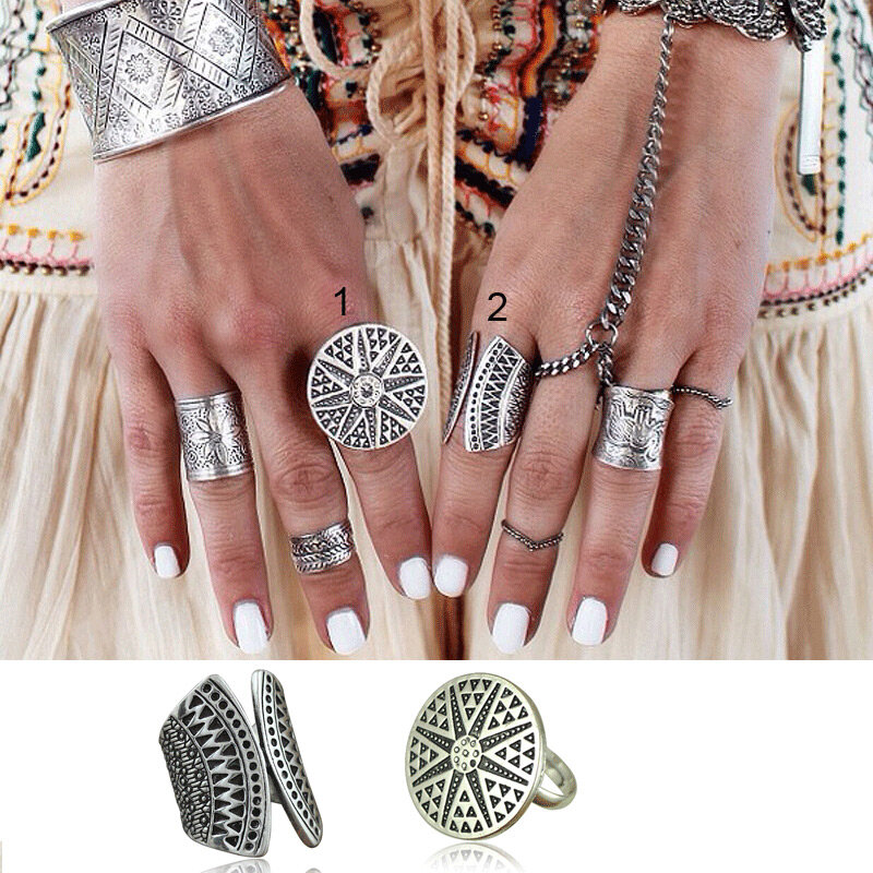 Yumfeel New Bohemia Vintage Jewelry Unique Carving Tibetan Silver Plated Ring Set for Woman  Punk Boho Rings