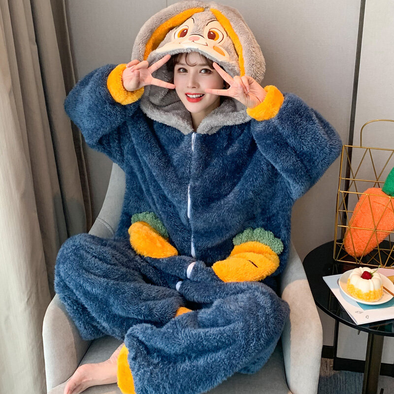 Pluche Winter Pyjama Fashion Home Wear Vrouwen Nachtkleding Cartoon Hooded Koraal Fluwelen Nachtjapon Plus Size Flanel Nachtjapon Toevoegen Fleece