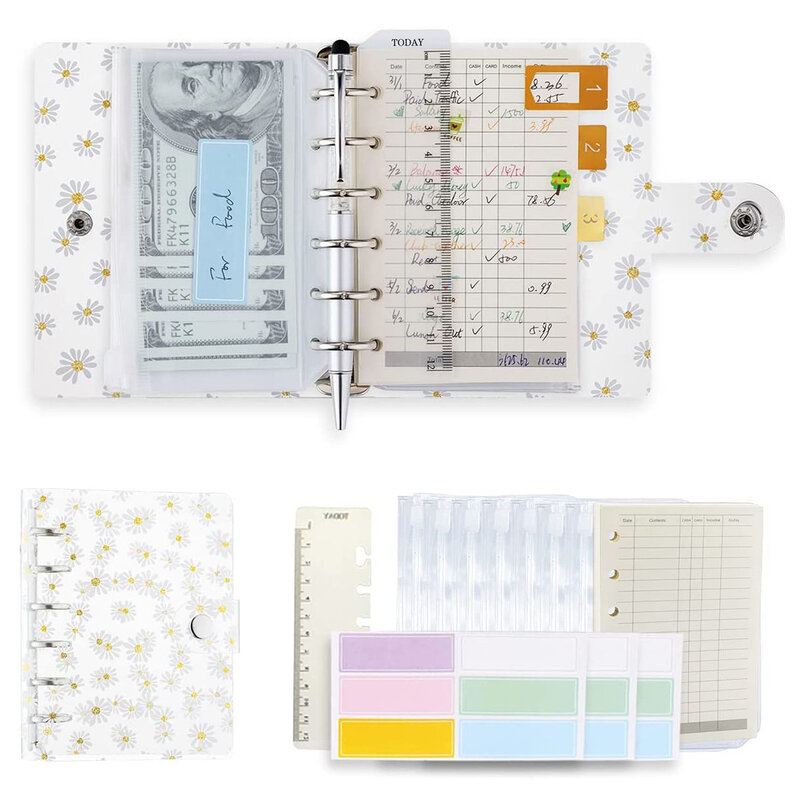 A7 daisy binder caderno planejador pessoal orçamento dinheiro envelope com 8 bolsos de pasta, 1 régua, 45 recarga de papel, 2 etiqueta