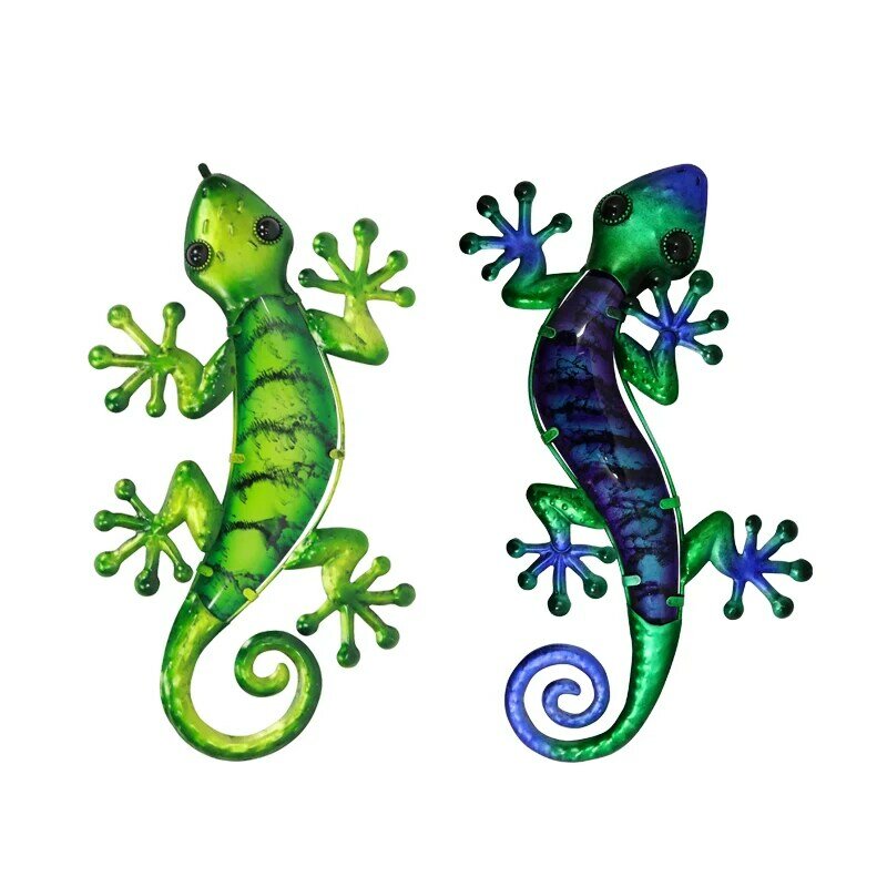 Gecko-arte de pared de Metal con pintura de vidrio verde para jardín, decoración al aire libre, estatuas y esculturas de animales, Brother, 2 piezas