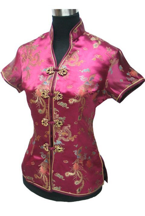 โปรโมชั่น Blue สไตล์จีนผู้หญิงเสื้อฤดูร้อน V คอเสื้อ Tops ผ้าไหมซาติน Tang ชุด S M L XL XXL XXXL JY0044-4