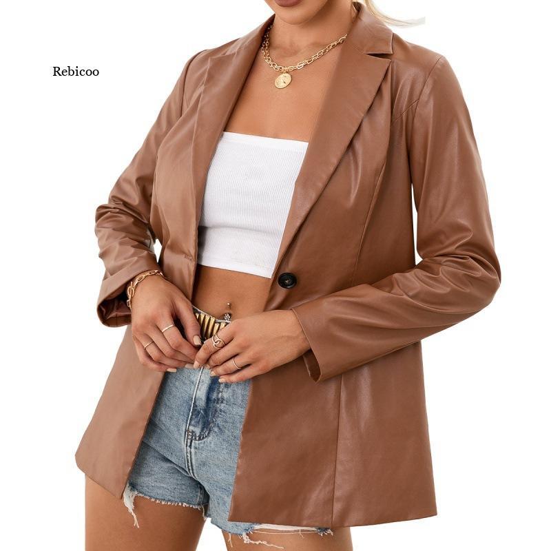 Outono feminino mid-length blusão fino couro da motocicleta do plutônio blazer casaco único breasted cor sólida jaqueta nova