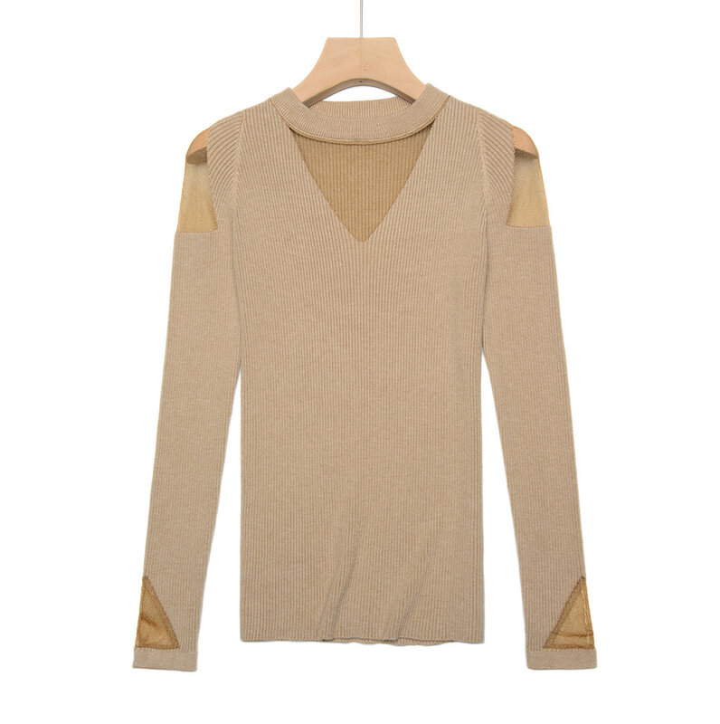 Suéter de malla con hombros descubiertos para mujer, Jersey grueso de manga larga, ajustado, otoño e invierno, 2019