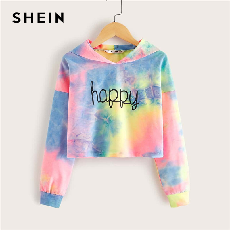 SHEIN Kiddie Multicolor Letter Print Tie Dye Cute Hoodies For Girls Tops 2019 Autumn Long Sleeve Casual Teenagers Sweatshirts