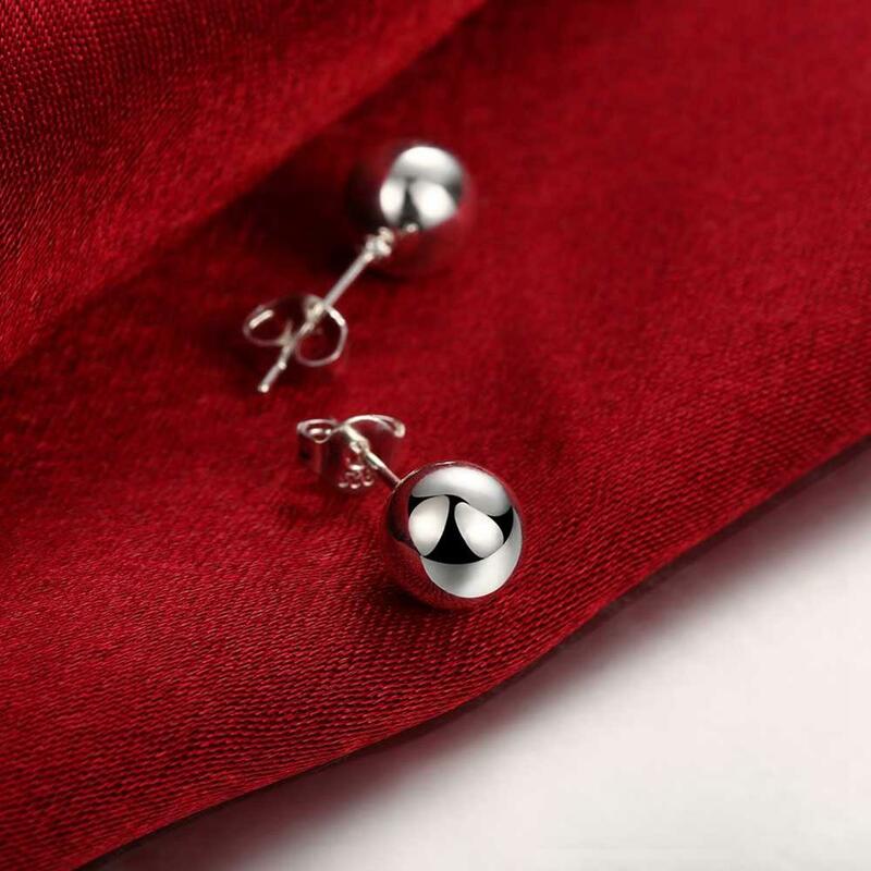 New 925 Sterling Silver 6mm/8mm/10mm Round Circle Solid Ball Bead Stud Earrings Woman Fashion Wedding Party Jewelry