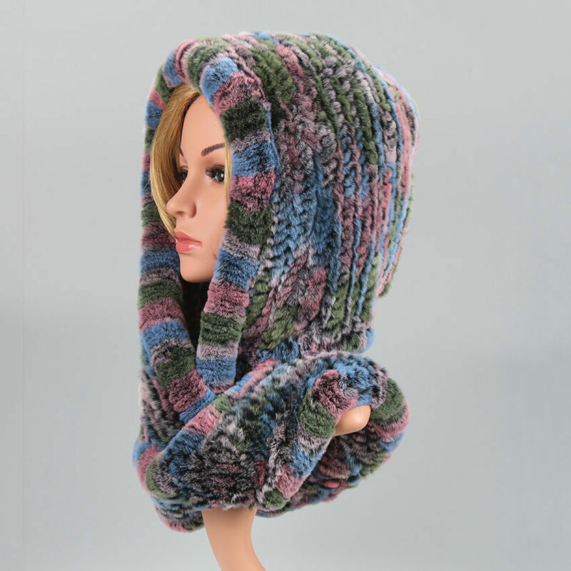 Chapeau tricoté en vraie fourrure de lapin Rex pour femme, écharpe à capuche, chaude, naturelle, avec cou, automne, hiver