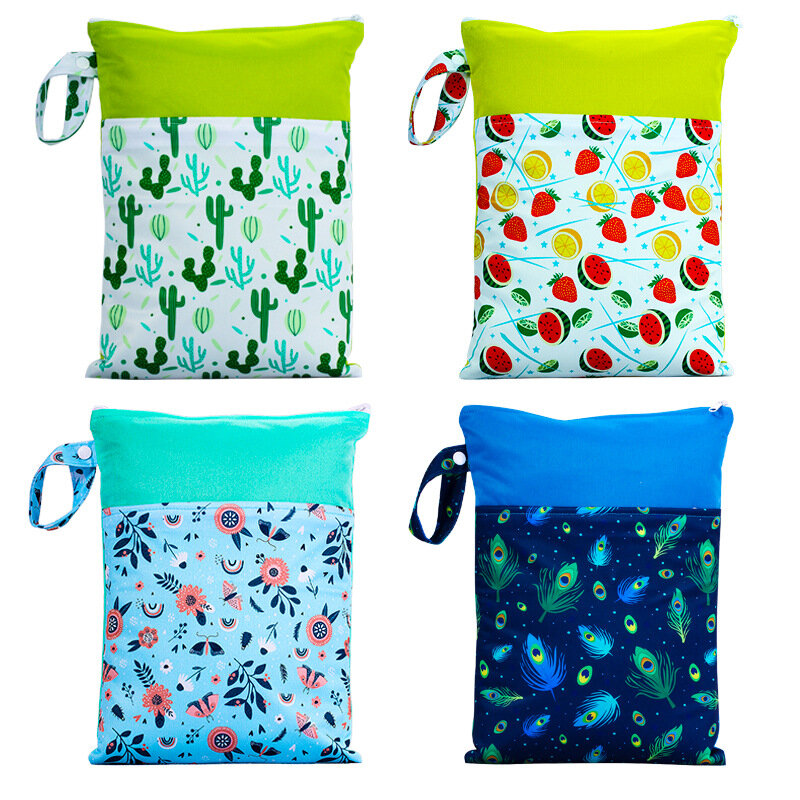 New Print Wet Dry Mammy Bag With Two Pockets Baby Diapers Nappies Bag Waterproof Reusable 25x35cm Storage Bag Travel Bag