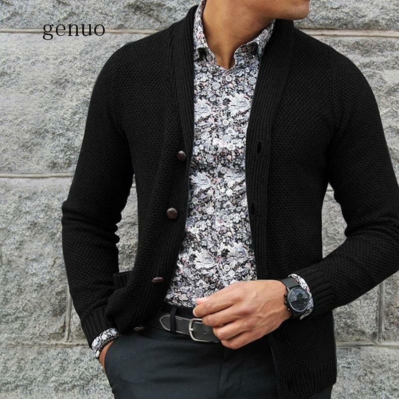 2020 New Men's Slim Fit Turn Down Collar Cardigan Outerwear Male Solid Color Knitted Cardigans Autumn Casual Sweaters Knitwear