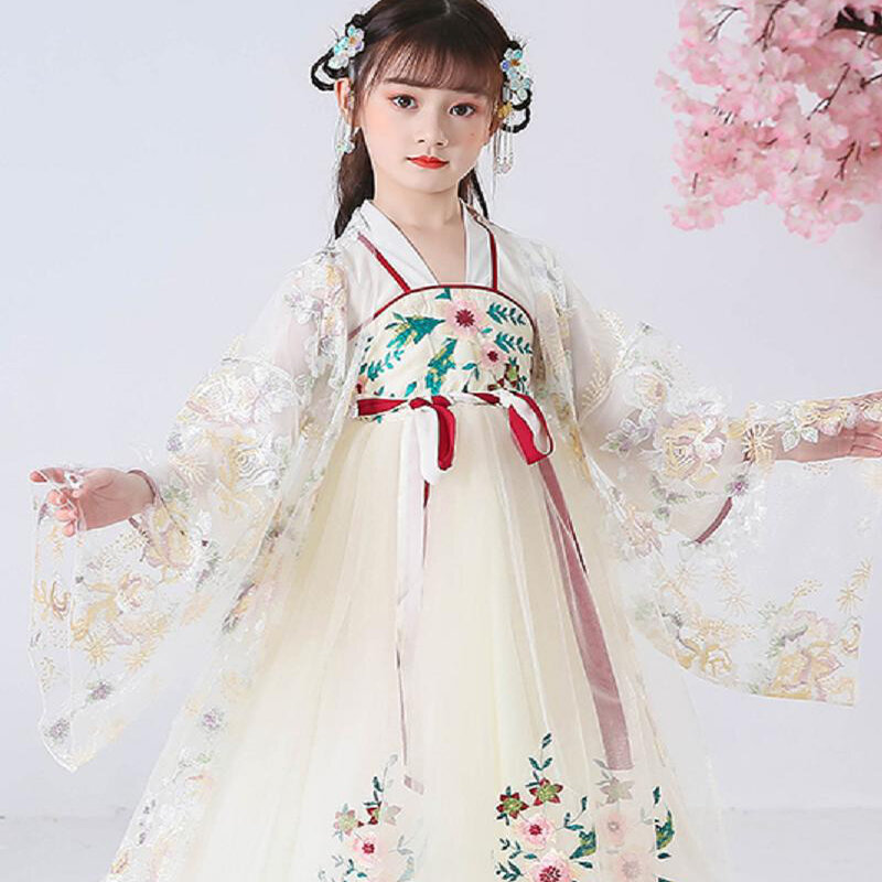 Kinderen Chinese Stijl Geborduurde Hanfu Oude Zomer Lange Mouw Super Fee Hanfu Eenvoudige Meisjes Jurk Kostuum Rok LC142