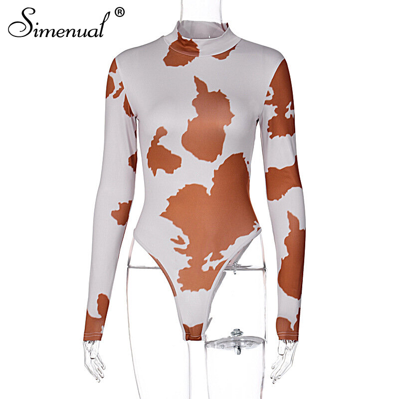 Simenual Skinny Cow Print Long Sleeve Women Bodycon Bodysuits Autumn 2020 Fashion Mock Neck Casual One Piece Bodysuit Streetwear