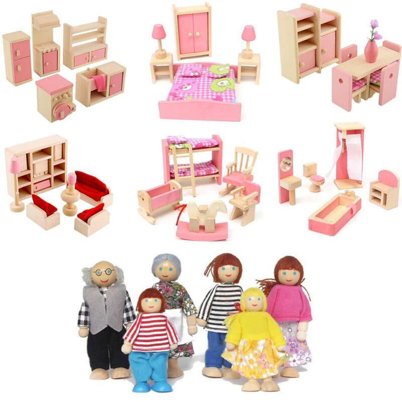 Holz Puppenhaus Möbel Miniatur Spielzeug Für Puppen Kinder Kinder Haus Spielen Spielzeug Mini Möbel Sets Puppe Spielzeug Jungen Mädchen Geschenke