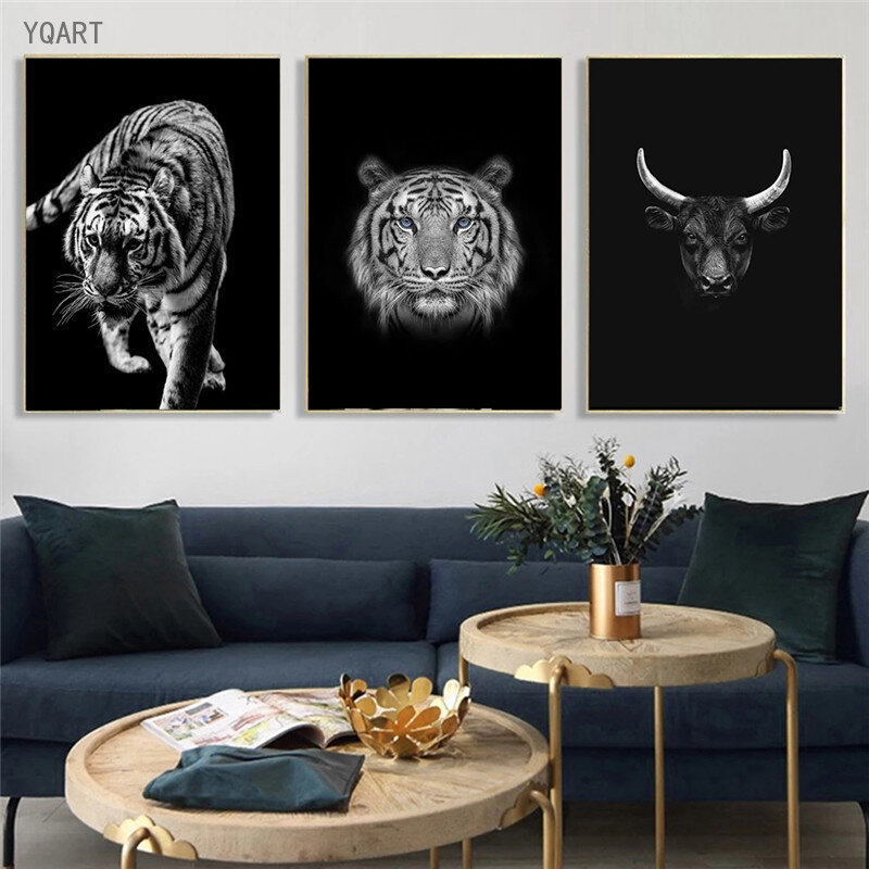 Nordic Black White Animals Canvas Paintings Elephant  Zebra Cow Wall Art Pictures Poster and Print for Living Room Bedroom Decor