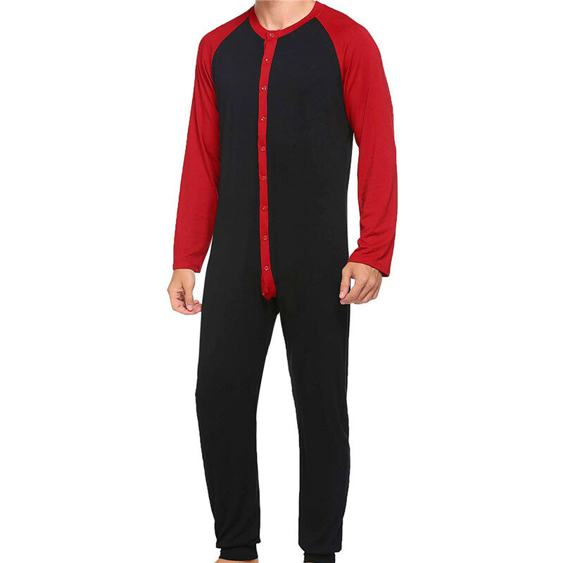 2021 긴팔 컬러블록 패치워크 원피스 잠옷, 캐주얼 홈웨어 잠옷, 남성용 버튼업 점프수트 잠옷