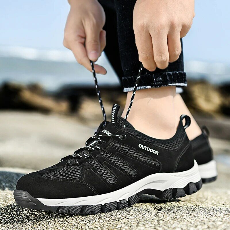 Sapatos de caminhada suaves e respiráveis para homens, tênis preto ao ar livre, calçados masculinos tamanho grande, cinza, verão 2023