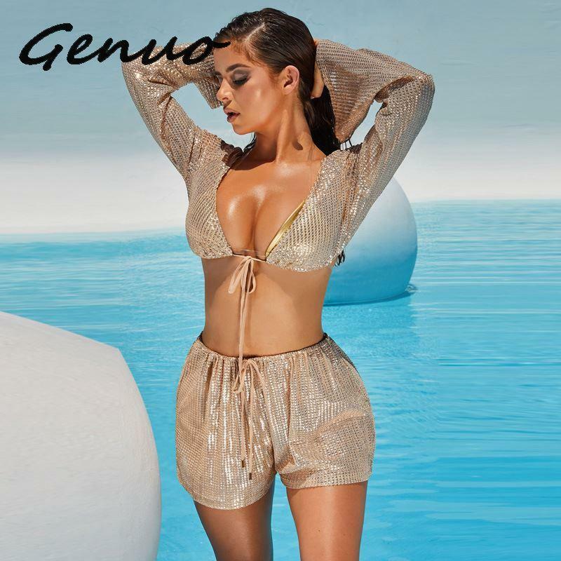 Genuo-Ensemble deux pièces sexy pour femmes, combinaison courte à paillettes, barboteuse, manches longues, col en V, salopette diabétique trempée