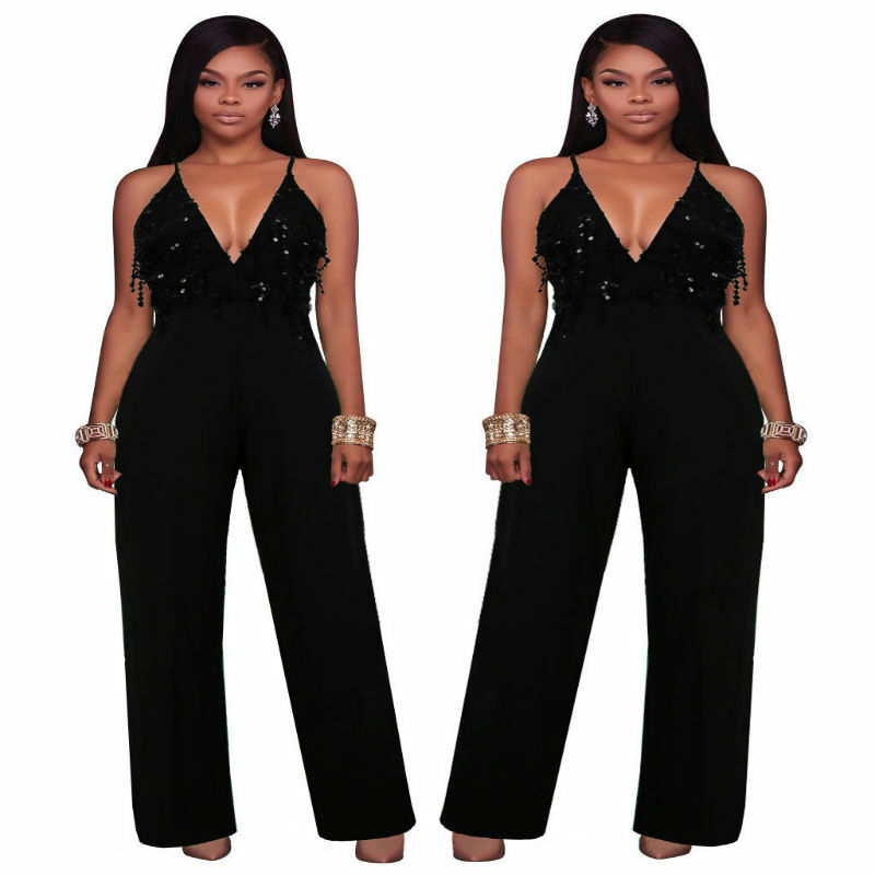 2020 Fashion Slim Sexy Women Bodycon Jumpsuits Black tassels V-Neck Spaghetti Strap Evening Club Playsuit Casual Women Suits