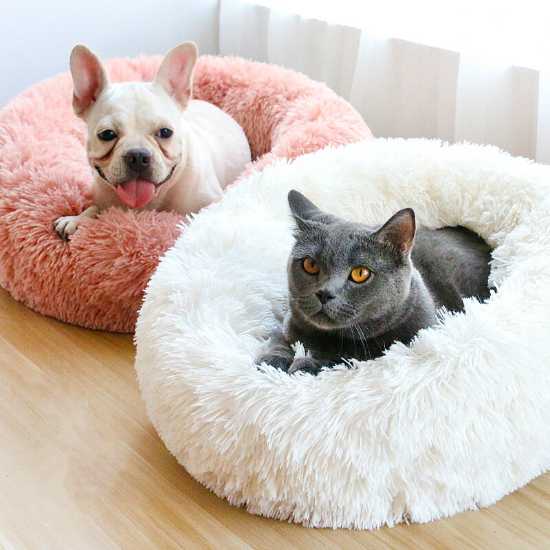 라운드 애완 동물 침대 고양이 개 겨울 따뜻한 잠자는 집 빨 수있는 긴 봉제 개 개집 고양이 침대 개집 둥지 접이식 강아지 쿠션 매트
