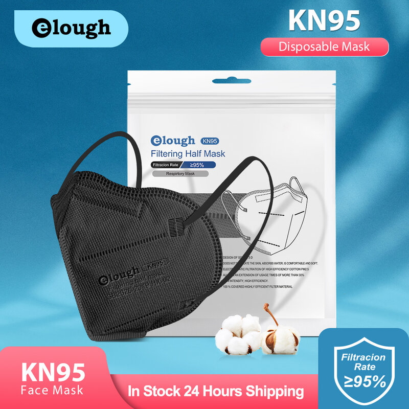 Elough-mascarillas ffp2 para Adulto, kn95 máscara respiratoria, color negro y blanco, con certificado ce, de 10 a 100 unidades