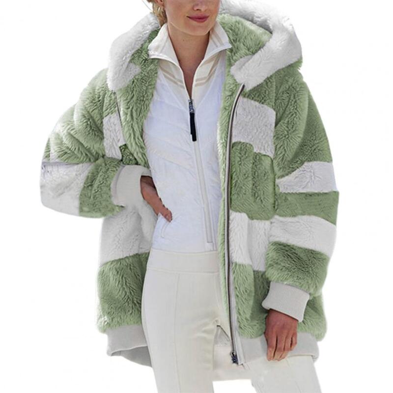 Chaqueta de forro polar con cremallera para mujer, abrigo grueso cálido de piel sintética de felpa, con capucha de Color Patchwork, para otoño e invierno, 2022