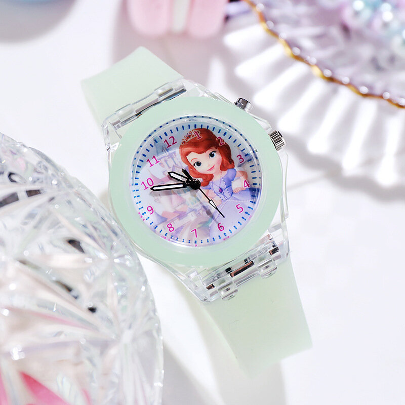 Disney Princess Elsa Jam Tangan Anak-anak untuk Anak Perempuan Tali Silikon Beku 2 Sophia Lampu Kilat Jam Tangan Anak Jam Wanita Reloj Infantil