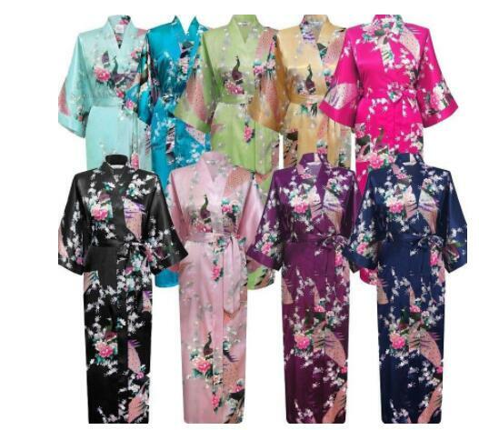 Chinês longo roupão para as mulheres, tamanho grande xxxl, estampa de flores, pavão, quimono, roupão, noiva, dama de honra, sexy, sleepwear