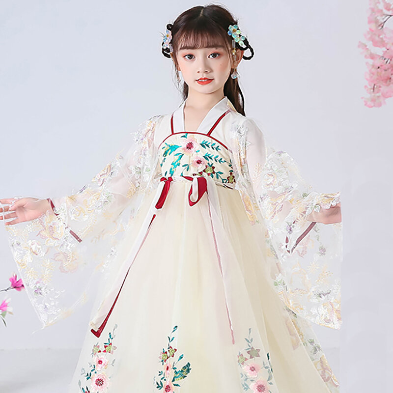 Estilo chinês das crianças bordado hanfu verão antigo manga longa super fada hanfu simples meninas vestido traje saia lc142