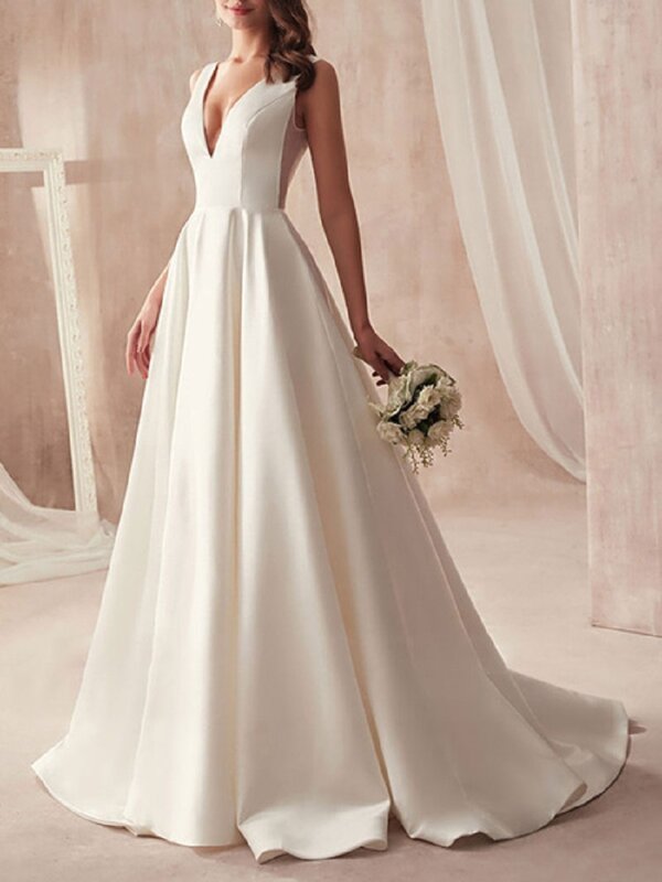 V-Neck recorte lado aberto volta vestido de casamento com bolso, Vestido de noiva cetim, Design famoso, Novo, 2023