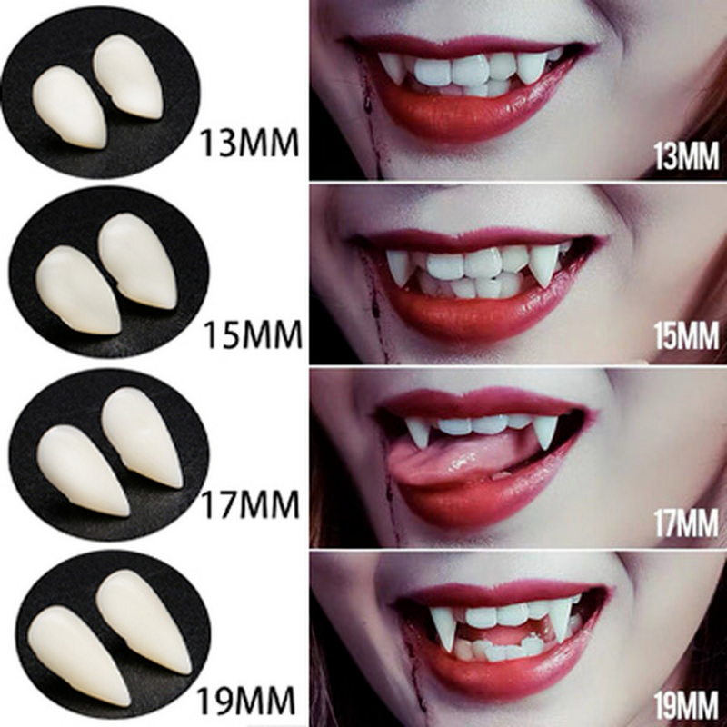 Colmillos de dientes de vampiro para disfraz de Halloween, accesorios de maquillaje adhesivos, pegamento sólido