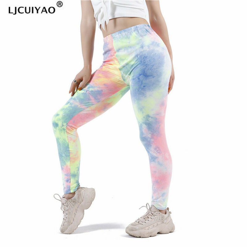 LJCUIYAO Sexy Push-Up-Leggings Frauen Fitness Tie Dye Hohe Taille Gym Workout Sport Graffiti Print Grüne Blätter Naht Unten