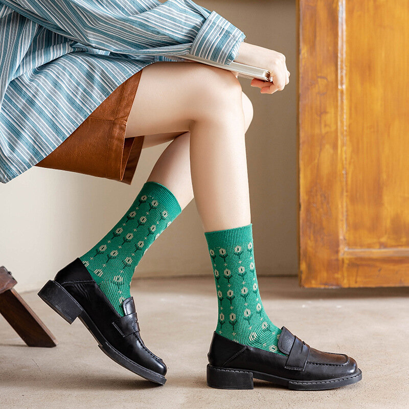 Хлопковые вязаные Модные женские носки, цветные носки Хаундстут Lingge с подсолнухами Harajuku, высококачественные носки осень-зима