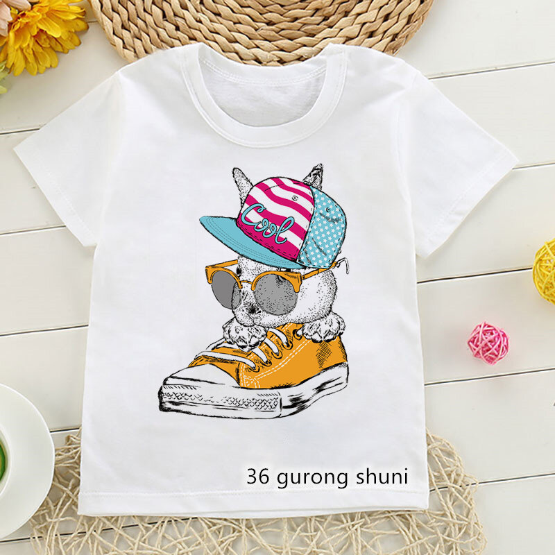 Футболка для девочек с милым мультяшным рисунком кошки, универсальная одежда для мальчиков и девочек, летняя детская футболка, забавная футболка для мальчиков, топы