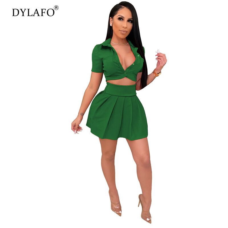 2020 Sexy Matching Two Piece Set Skirts Women Low Cut Top Short Sleeve Deep V Neck Party Club Outfits 2 Piece Set Female Suits