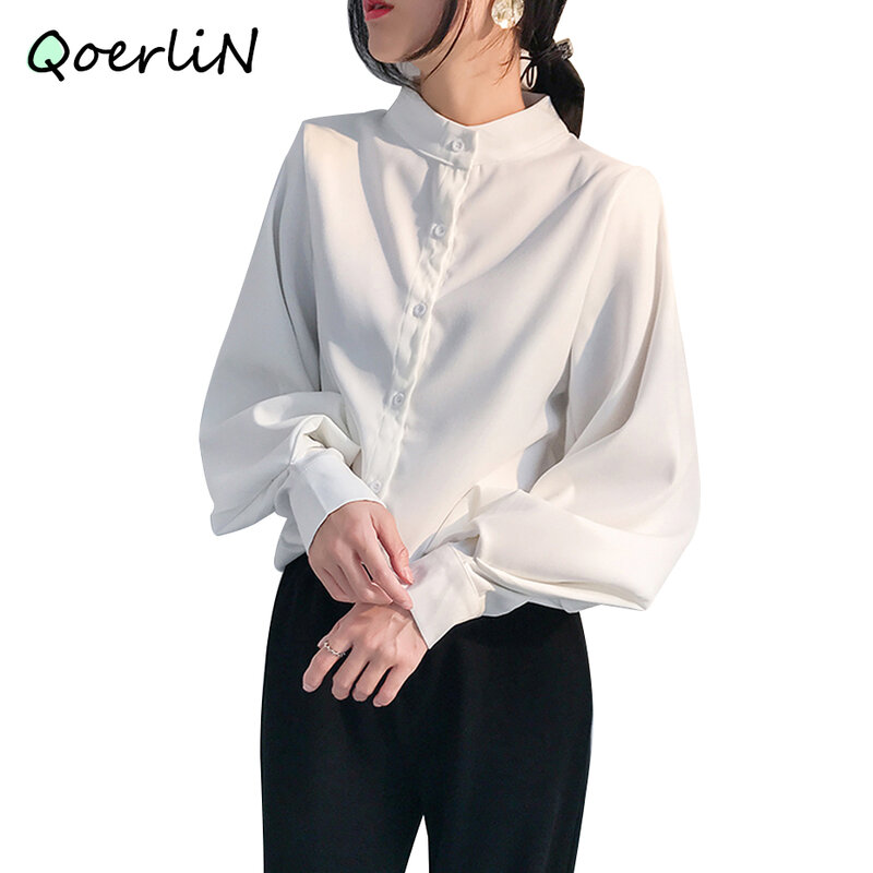 Blusa de manga farol grande para mujer, camisa de cuello alto de una sola botonadura, blusa de trabajo de oficina, color sólido, Vintage, Otoño e Invierno