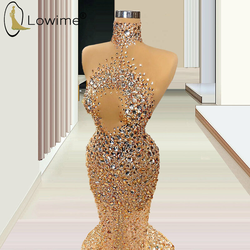 Champagne High Neck Meerjungfrau Abendkleider 2020 Luxus Illusion Kristall Perlen Jurken Vestido De Soiree Formale Kleid für Party