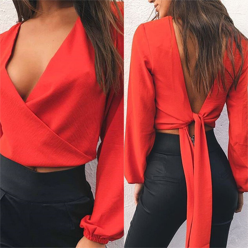 Diiwii Zomer Sexy Blouse Vrouwen Backless Boog Dot Losse Tops Lange Mouwen Diepe V-hals Shirt Casual Kleding