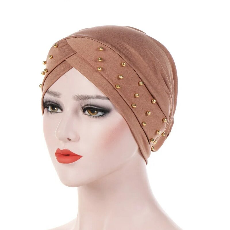 KepaHoo New Women Elastic Turban Hat Muslim Hijab Islamic Beads Cancer Chemo Cap Ladies Hijab Stretch Hijab Cap Muslim Scarf