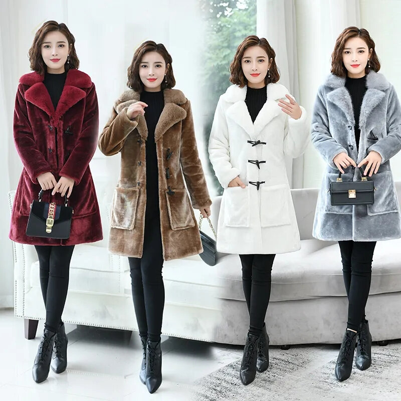 羊の毛の中程度の長さのコート,模造毛皮,女性の冬の模造品,フェイクフォックスの毛皮の襟,ルーズな韓国の毛皮のジャケットa734