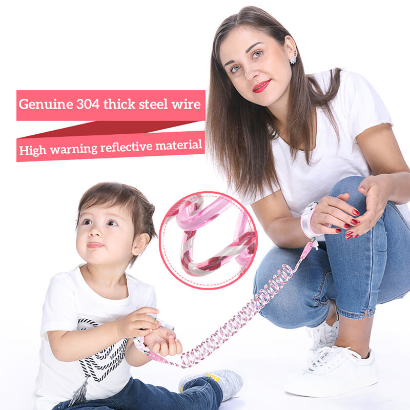 Correia de trela reflexiva para crianças, corda anti-perdida, conexão de pulso, cinto de caminhada seguro para bebês com fechadura, rosa 2,5 m